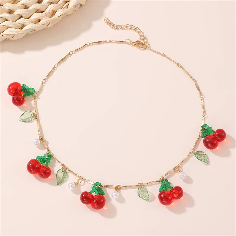 French Style Fruit Cherry Bowknot Heart Necklace